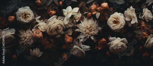 a dark bloom roses in muted earth tones, negative imagery, close-up florals, and naturalist aesthetics