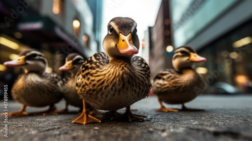 Mallard ducks on the street. Wildlife concept with a copy space.