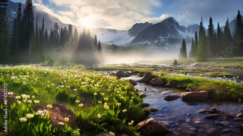Spring in the Rocky Mountains, snow melting, vibrant green trees, wildflowers blooming, early morning fog lifting, dawn light