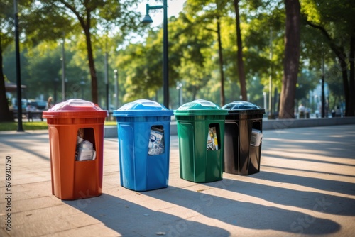 A row of trash cans on the side of a road, promoting environmental consciousness and waste separation