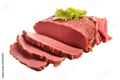 sliced corned beef isolated on white background