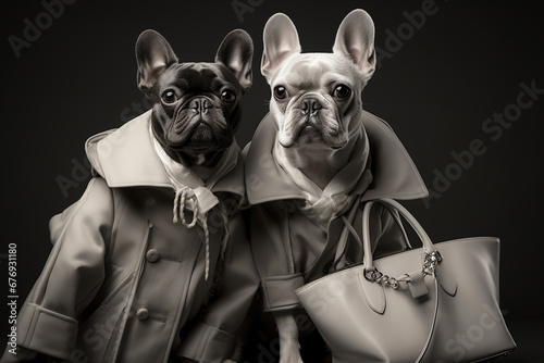 Human-like Anthropomorphic Dogs Wearing Clothes with Bags Shopping for Holidays. 