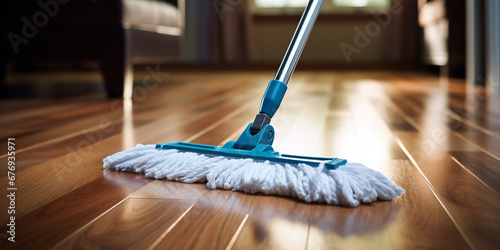 Close-up of a mop on a parquet floor in a room. Cleanliness and cleaning of the house