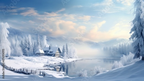 A picturesque white cottage and snow-covered trees next to a tranquil frozen river
