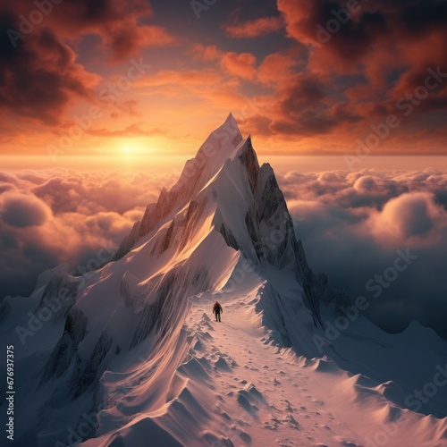 Stunning view of a lone mountaineer ascending a snowy peak against a breathtaking sunset