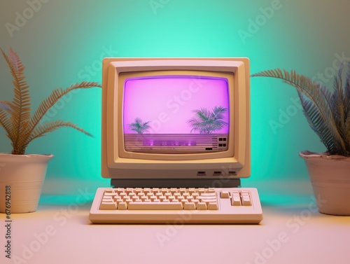 Vintage computer featuring a palm tree screensaver displayed on the monitor, flanked by potted plants