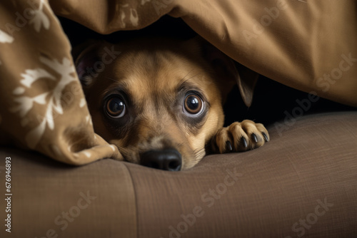 A scared dog hides under the blanket on New Year's Eve.