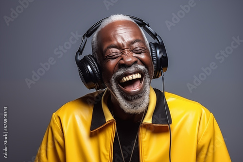 Homme noir senior, souriant, écoutant de la musique au casque avec un blouson jaune et un arrière-plan gris