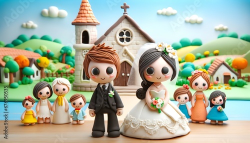 Photo de famille - Mariage d'un couple avec les enfants autour - Chapelle en arrière-plan - Pâte à modeler