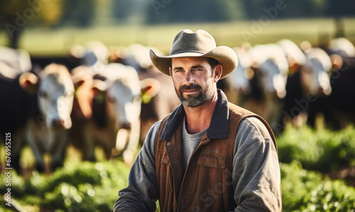 Agricultural Life: Man Tending to His Herd of Cows in the Field