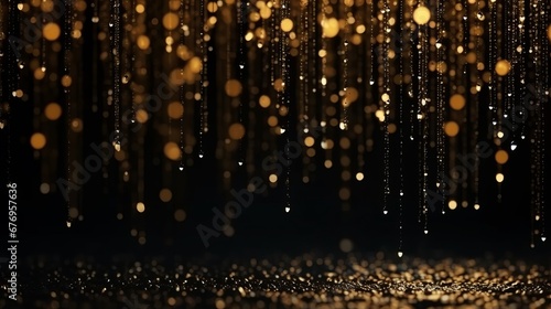 Golden glitter rain, gold particles glow with falling snow bokeh light effect. Golden sparks splash, shimmer glow flow on black background. Magic concept. New Year concept. Celebrate concept.