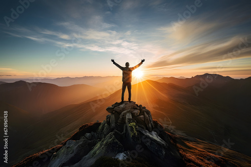 Man standing on top of a peak with open arms, kissed by the rays of a rising sun, facing a vast mountain landscape, inspiring freedom and achievement