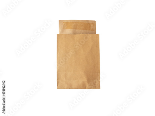 Paper courier bag with flap and traces of glue and isolated transparent png. Open retail or postal packaging envelope made from brown kraft recycled paper. Eco friendly packing. 