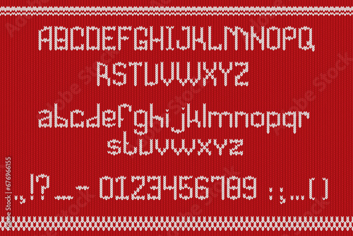Knitted font. Knitting alphabet letters, wool ugly sweater fabric typeface, christmas type textile winter warm knit embroidery text nordic