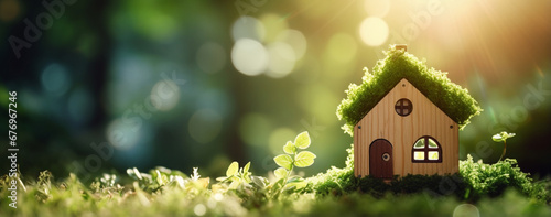 エコ・フレンドリー・ハウス - 庭の苔の上に建つ木の家。Eco Friendly House - Tree house on moss in the garden、Generative AI 
