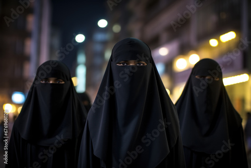 Three Middle Eastern women wearing niqab on city street