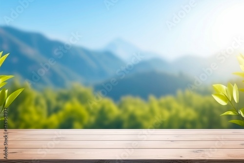 wooden table background of free space with green leaves blue sky and sunlight