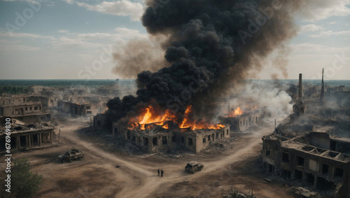 bird's-eye view of burning ruins of deserted destroyed houses in megapolis from bombs or earthquake