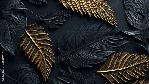 Golden and Black Tropical Leaves Seamless Pattern on a Dark Background: Exotic Botanical Design. Beautiful luxury dark blue textured background frame with golden and blue tropical leaves