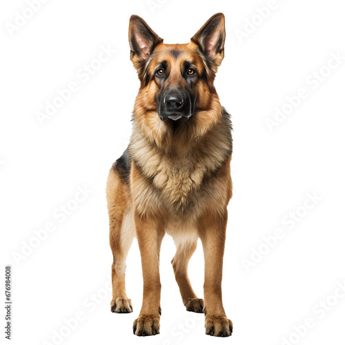 German shepherd dog, full body displayed, stands alert on a transparent background, showcasing its well-proportioned muscular frame.