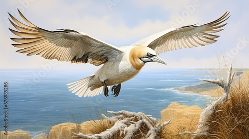 Flying Northern gannet Morus bassanus with nesting