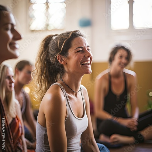 young women laughing as they sit in yoga class