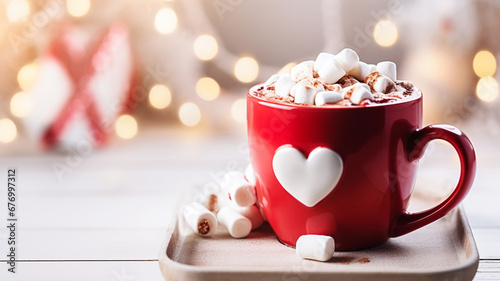 Mug full of hot chocolate cocoa with marshmallows on Christmas