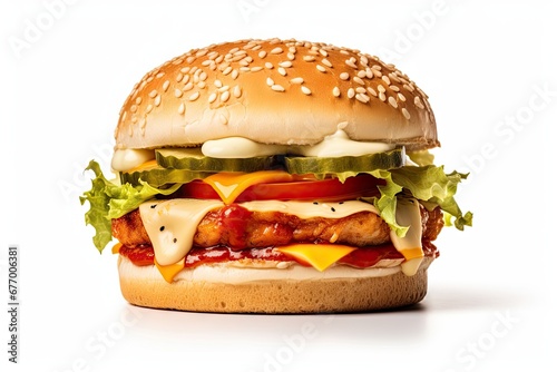 Chicken burger with ketchup cheese mayo on white background