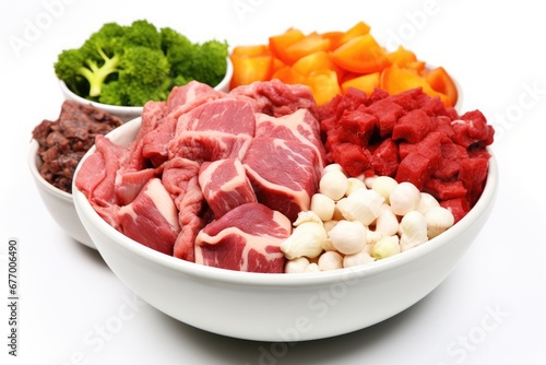 Close up of a white background showcasing a bowl of raw dog food containing natural ingredients like meat tripe gizzard egg veggies and supplements