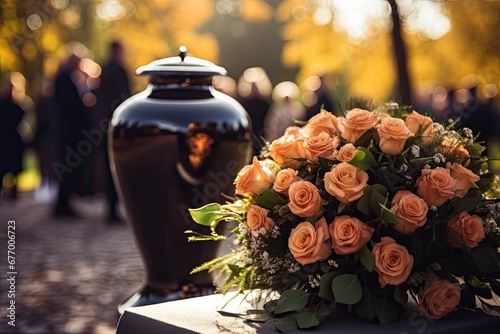 Decorated burial urn with ashes and flowers people mourn in background at sad farewell to the deceased