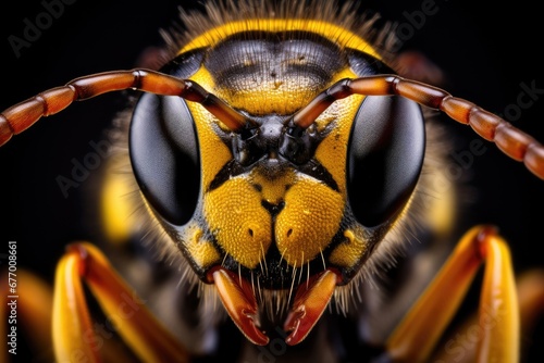Macro portrait of a wasp on black background with full face details and depth of field