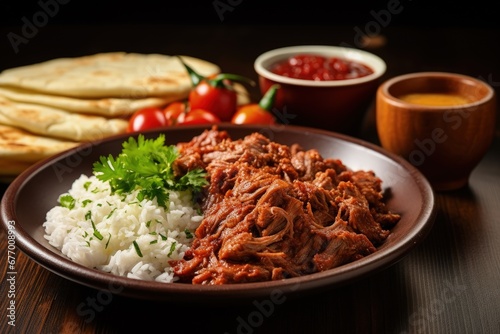 Traditional Turkish and Arabic Ramadan dish with doner kebab tomato sauce rice on white plate wood table background