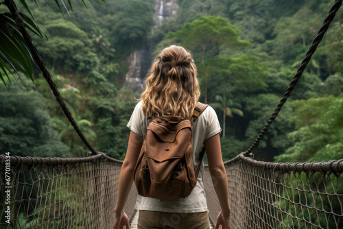 Back view of a woman on suspension bridge in the rainforest