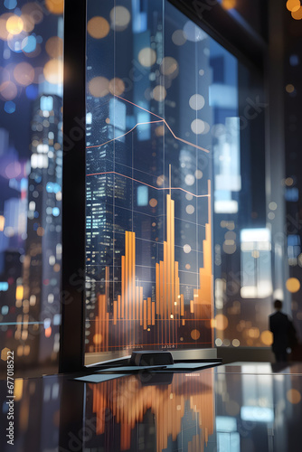 Screen with financial graphs reflected from the glass with building background