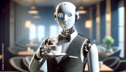 A modern robot waiter serving coffee at a café. 