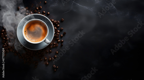  a Cup Of hot Coffee and roasted coffee beans with a dark background for Copyspace - top view