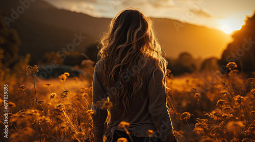 Beautiful happy woman with long hair standing with view from her back to sunset on outdoor flower field created with Generative AI Technology 