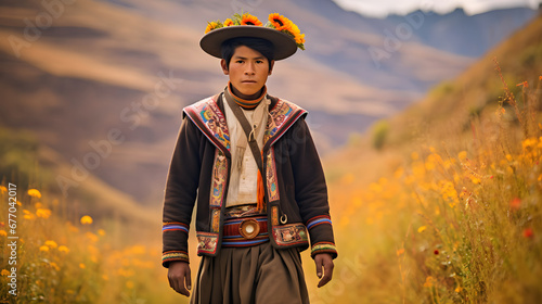 Peruvian young man in traditional clothing on an Inca trail - path in Cusco, Peru