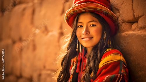 Peruvian young woman in traditional clothing on an Inca wall in Chinchero, Cusco, Peru