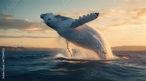 Humpback whale jumping out of the water in the middle of the ocean created with Generative AI Technology 
