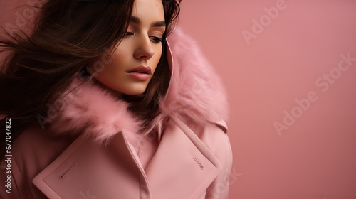 A woman wearing a coat, breathes out light pink background