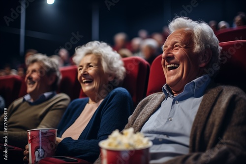 Elderly gray-haired man and woman, with popcorn in their hands, laugh at a movie in the cinema,
