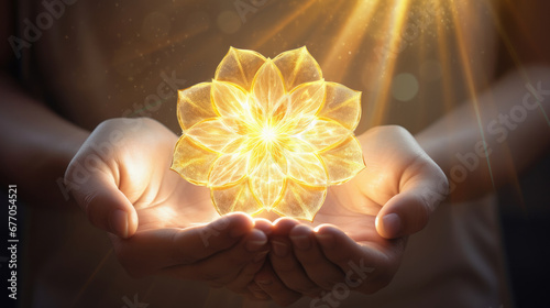 beautiful feminine hands holding the flower of life magically glowing with healing heavenly rays of golden light created with Generative AI Technology