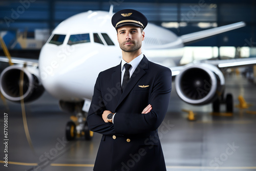 portrait of young pilot in front of airplane, AI generated