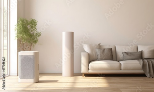 White modern design air purifier, dehumidifier in beige wall living room, cream suede leather sofa, brown cushion, wood parquet floor in sunlight for healthcare, health technology, Generative AI
