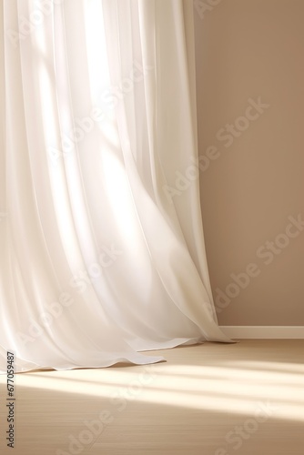 Beautiful sunlight, blowing white sheer curtain from open window on blank beige brown wall, floor, white baseboard for interior design decoration, air, Generative AI