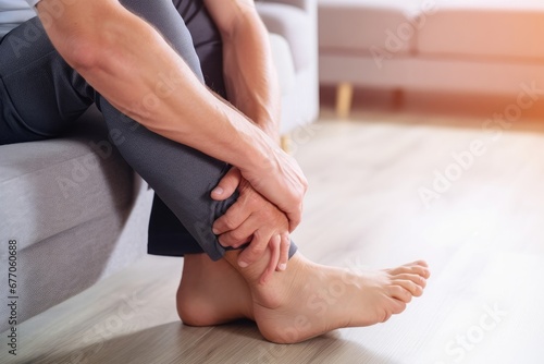 Ankle sprain. Man hold his sprained ankle sitting on the sofa at home. Sprained and swollen ankle care. Injury, Generative AI