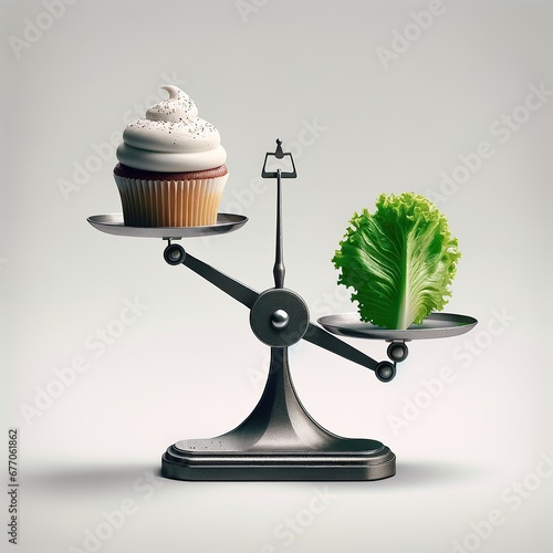 A frosted cupcake and a fresh green salad leaf placed on either side of a balance scale