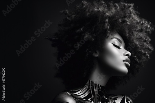 Close up black and white photo of african american woman staring