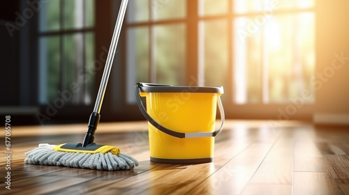 Banner with space for text bucket of water and mop for cleaning the floor on the background of a sunny room with windows
